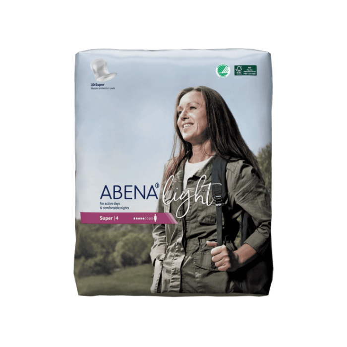 Σερβιέτες ελαφράς ακράτειας ABENA Light SUPER 4 (20x44εκ.), 5 σταγόνες, συσκευασία 30τμχ.